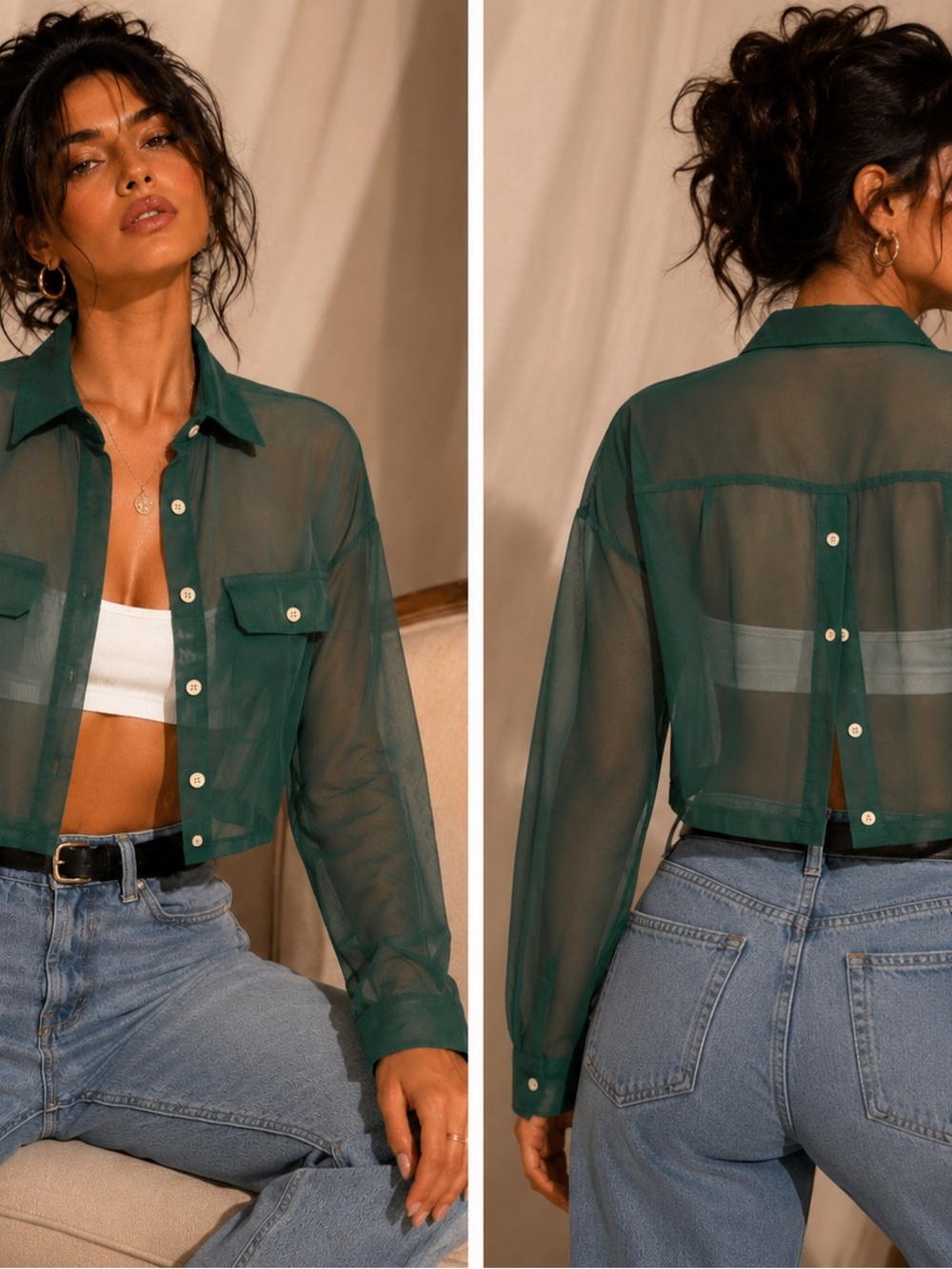 Sheer Dark Green Cropped Button-Down Shirt